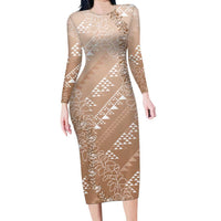 Hawaii Beige Kapa Family Matching Long Sleeve Bodycon Dress and Hawaiian Shirt Vintage 'Ohe Kāpala Motifs Mix Plumeria Leis LT7 Mom's Dress Beige - Polynesian Pride
