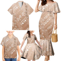 Hawaii Beige Kapa Family Matching Mermaid Dress and Hawaiian Shirt Vintage 'Ohe Kāpala Motifs Mix Plumeria Leis