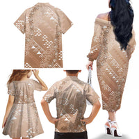 Hawaii Beige Kapa Family Matching Off The Shoulder Long Sleeve Dress and Hawaiian Shirt Vintage 'Ohe Kāpala Motifs Mix Plumeria Leis LT7 - Polynesian Pride