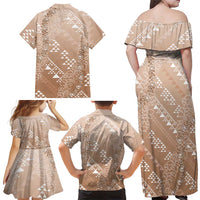 Hawaii Beige Kapa Family Matching Off Shoulder Maxi Dress and Hawaiian Shirt Vintage 'Ohe Kāpala Motifs Mix Plumeria Leis