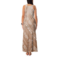 Hawaii Beige Kapa Family Matching Tank Maxi Dress and Hawaiian Shirt Vintage 'Ohe Kāpala Motifs Mix Plumeria Leis