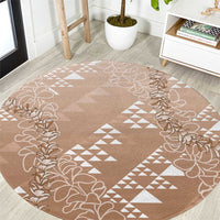 Hawaii Beige Kapa Round Carpet Vintage 'Ohe Kāpala Motifs Mix Plumeria Leis