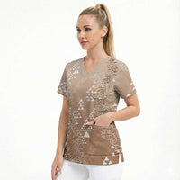 Hawaii Beige Kapa Scrub Top Vintage 'Ohe Kāpala Motifs Mix Plumeria Leis