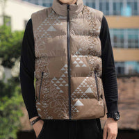 Hawaii Beige Kapa Sleeveless Puffer Jacket Vintage 'Ohe Kāpala Motifs Mix Plumeria Leis