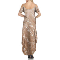 Hawaii Beige Kapa Summer Maxi Dress Vintage 'Ohe Kāpala Motifs Mix Plumeria Leis
