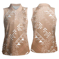 Hawaii Beige Kapa Women Sleeveless Polo Shirt Vintage 'Ohe Kāpala Motifs Mix Plumeria Leis LT7 - Polynesian Pride