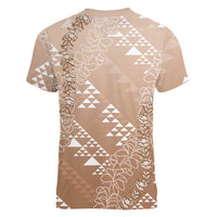 Hawaii Beige Kapa Women V-Neck T-Shirt Vintage 'Ohe Kāpala Motifs Mix Plumeria Leis
