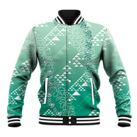 Hawaii Jade Green Kapa Baseball Jacket Vintage 'Ohe Kāpala Motifs Mix Plumeria Leis