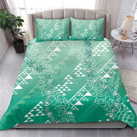 Hawaii Jade Green Kapa Bedding Set Vintage 'Ohe Kāpala Motifs Mix Plumeria Leis