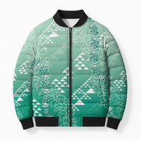 Hawaii Jade Green Kapa Bomber Puffer Jacket Vintage 'Ohe Kāpala Motifs Mix Plumeria Leis LT7 Unisex Jade Green - Polynesian Pride