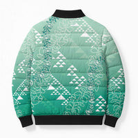 Hawaii Jade Green Kapa Bomber Puffer Jacket Vintage 'Ohe Kāpala Motifs Mix Plumeria Leis LT7 - Polynesian Pride