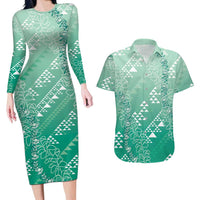 Hawaii Jade Green Kapa Couples Matching Long Sleeve Bodycon Dress and Hawaiian Shirt Vintage 'Ohe Kāpala Motifs Mix Plumeria Leis