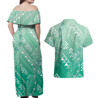 Hawaii Jade Green Kapa Couples Matching Off Shoulder Maxi Dress and Hawaiian Shirt Vintage 'Ohe Kāpala Motifs Mix Plumeria Leis