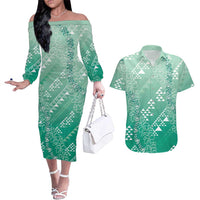 Hawaii Jade Green Kapa Couples Matching Off The Shoulder Long Sleeve Dress and Hawaiian Shirt Vintage 'Ohe Kāpala Motifs Mix Plumeria Leis