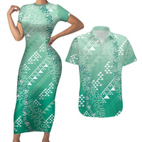 Hawaii Jade Green Kapa Couples Matching Short Sleeve Bodycon Dress and Hawaiian Shirt Vintage 'Ohe Kāpala Motifs Mix Plumeria Leis LT7 Jade Green - Polynesian Pride