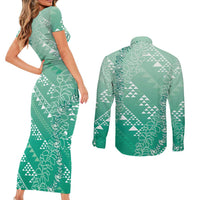 Hawaii Jade Green Kapa Couples Matching Short Sleeve Bodycon Dress and Long Sleeve Button Shirt Vintage 'Ohe Kāpala Motifs Mix Plumeria Leis