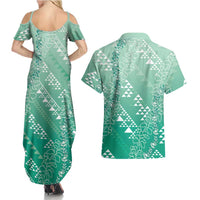 Hawaii Jade Green Kapa Couples Matching Summer Maxi Dress and Hawaiian Shirt Vintage 'Ohe Kāpala Motifs Mix Plumeria Leis