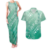 Hawaii Jade Green Kapa Couples Matching Tank Maxi Dress and Hawaiian Shirt Vintage 'Ohe Kāpala Motifs Mix Plumeria Leis