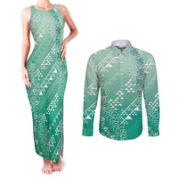 Hawaii Jade Green Kapa Couples Matching Tank Maxi Dress and Long Sleeve Button Shirt Vintage 'Ohe Kāpala Motifs Mix Plumeria Leis