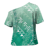 Hawaii Jade Green Kapa Cross Shoulder Shirt Vintage 'Ohe Kāpala Motifs Mix Plumeria Leis