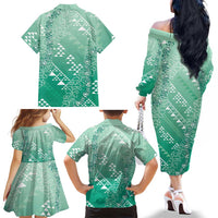 Hawaii Jade Green Kapa Family Matching Off The Shoulder Long Sleeve Dress and Hawaiian Shirt Vintage 'Ohe Kāpala Motifs Mix Plumeria Leis