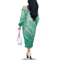 Hawaii Jade Green Kapa Family Matching Off The Shoulder Long Sleeve Dress and Hawaiian Shirt Vintage 'Ohe Kāpala Motifs Mix Plumeria Leis
