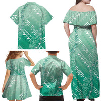 Hawaii Jade Green Kapa Family Matching Off Shoulder Maxi Dress and Hawaiian Shirt Vintage 'Ohe Kāpala Motifs Mix Plumeria Leis