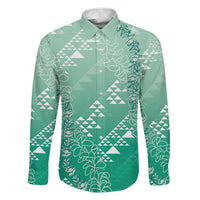 Hawaii Jade Green Kapa Family Matching Off Shoulder Short Dress and Hawaiian Shirt Vintage 'Ohe Kāpala Motifs Mix Plumeria Leis LT7 Dad's Shirt - Long Sleeve Jade Green - Polynesian Pride