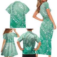 Hawaii Jade Green Kapa Family Matching Short Sleeve Bodycon Dress and Hawaiian Shirt Vintage 'Ohe Kāpala Motifs Mix Plumeria Leis