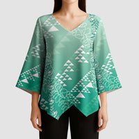 Hawaii Jade Green Kapa Kimono Sleeve Blouse Vintage 'Ohe Kāpala Motifs Mix Plumeria Leis