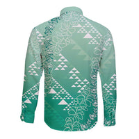 Hawaii Jade Green Kapa Long Sleeve Button Shirt Vintage 'Ohe Kāpala Motifs Mix Plumeria Leis