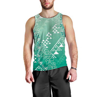 Hawaii Jade Green Kapa Men Tank Top Vintage 'Ohe Kāpala Motifs Mix Plumeria Leis
