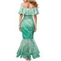 Hawaii Jade Green Kapa Mermaid Dress Vintage 'Ohe Kāpala Motifs Mix Plumeria Leis