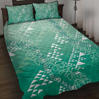 Hawaii Jade Green Kapa Quilt Bed Set Vintage 'Ohe Kāpala Motifs Mix Plumeria Leis