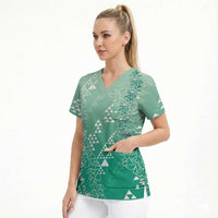 Hawaii Jade Green Kapa Scrub Top Vintage 'Ohe Kāpala Motifs Mix Plumeria Leis