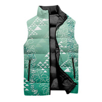 Hawaii Jade Green Kapa Sleeveless Puffer Jacket Vintage 'Ohe Kāpala Motifs Mix Plumeria Leis