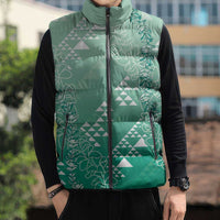Hawaii Jade Green Kapa Sleeveless Puffer Jacket Vintage 'Ohe Kāpala Motifs Mix Plumeria Leis