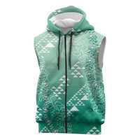 Hawaii Jade Green Kapa Sleeveless Zip Hoodie Vintage 'Ohe Kāpala Motifs Mix Plumeria Leis