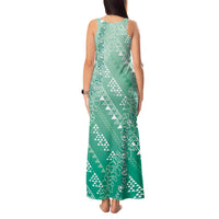 Hawaii Jade Green Kapa Tank Maxi Dress Vintage 'Ohe Kāpala Motifs Mix Plumeria Leis