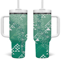 Hawaii Jade Green Kapa Tumbler With Handle Vintage 'Ohe Kāpala Motifs Mix Plumeria Leis