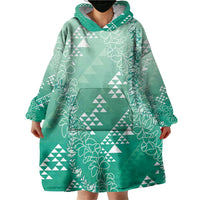 Hawaii Jade Green Kapa Wearable Blanket Hoodie Vintage 'Ohe Kāpala Motifs Mix Plumeria Leis