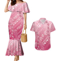 Hawaii Rose Pink Kapa Couples Matching Mermaid Dress and Hawaiian Shirt Vintage 'Ohe Kāpala Motifs Mix Plumeria Leis
