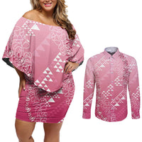 Hawaii Rose Pink Kapa Couples Matching Off Shoulder Short Dress and Long Sleeve Button Shirt Vintage 'Ohe Kāpala Motifs Mix Plumeria Leis