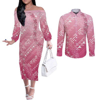 Hawaii Rose Pink Kapa Couples Matching Off The Shoulder Long Sleeve Dress and Long Sleeve Button Shirt Vintage 'Ohe Kāpala Motifs Mix Plumeria Leis