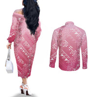 Hawaii Rose Pink Kapa Couples Matching Off The Shoulder Long Sleeve Dress and Long Sleeve Button Shirt Vintage 'Ohe Kāpala Motifs Mix Plumeria Leis