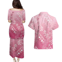 Hawaii Rose Pink Kapa Couples Matching Puletasi and Hawaiian Shirt Vintage 'Ohe Kāpala Motifs Mix Plumeria Leis