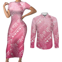 Hawaii Rose Pink Kapa Couples Matching Short Sleeve Bodycon Dress and Long Sleeve Button Shirt Vintage 'Ohe Kāpala Motifs Mix Plumeria Leis LT7 Rose Pink - Polynesian Pride