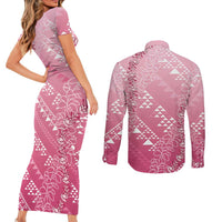 Hawaii Rose Pink Kapa Couples Matching Short Sleeve Bodycon Dress and Long Sleeve Button Shirt Vintage 'Ohe Kāpala Motifs Mix Plumeria Leis LT7 - Polynesian Pride