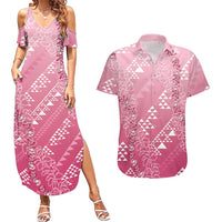 Hawaii Rose Pink Kapa Couples Matching Summer Maxi Dress and Hawaiian Shirt Vintage 'Ohe Kāpala Motifs Mix Plumeria Leis