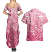 Hawaii Rose Pink Kapa Couples Matching Summer Maxi Dress and Hawaiian Shirt Vintage 'Ohe Kāpala Motifs Mix Plumeria Leis